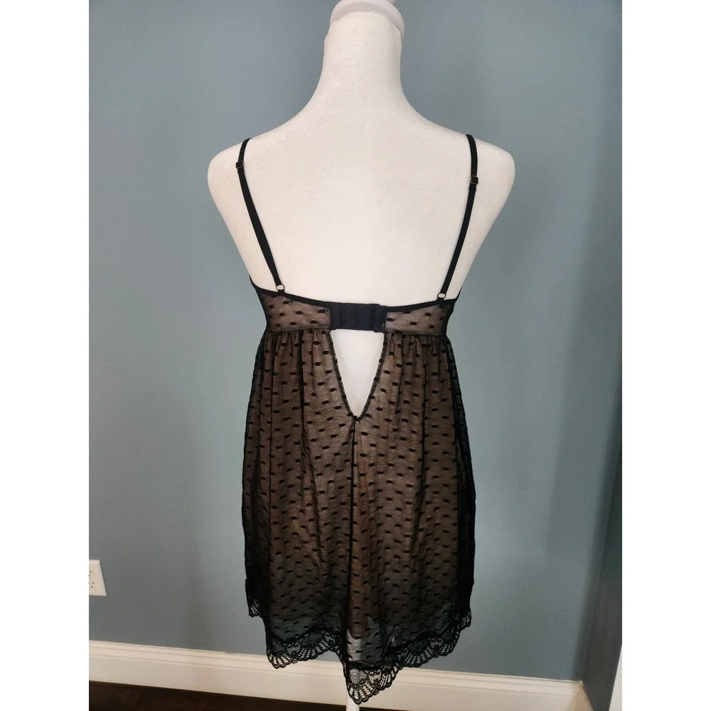 Intimint Babydoll Chemise Women Black Nude Excellent‎ Lace Swiss Dot Mesh Large